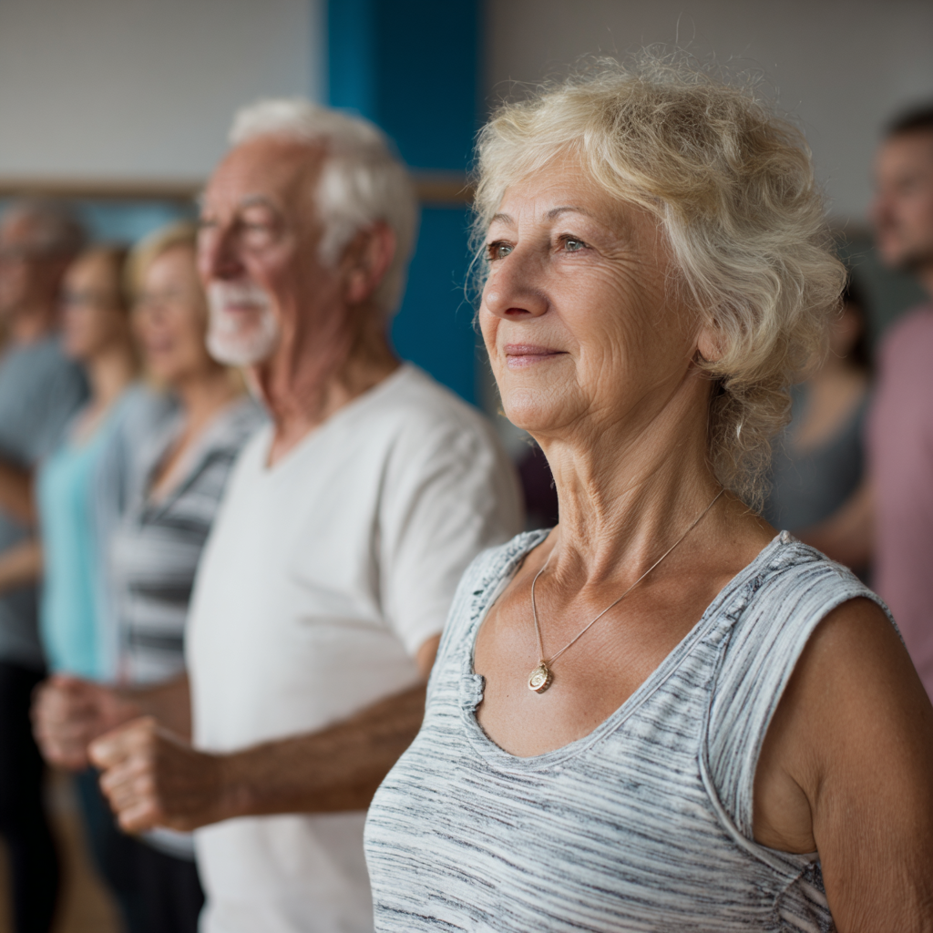 Older adults participating in gentle group fitness class focused on stability and mobility